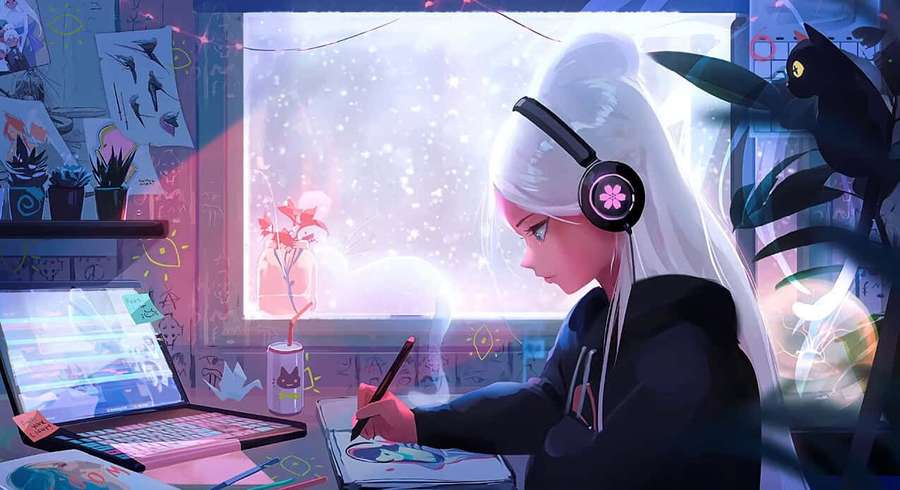 Anime girl with white hair draws at night with headphones and a black cat beside her. — Lo Fi Background