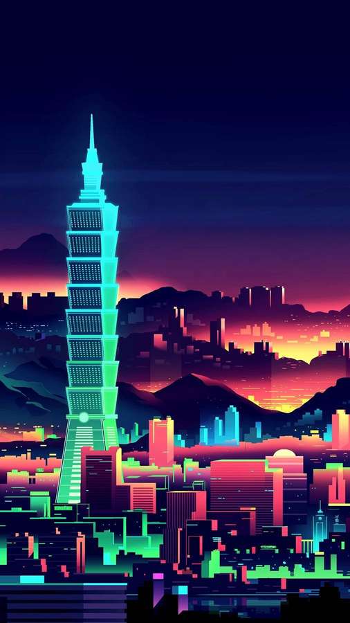 Neon-Skyline der Stadt in der Dämmerung mit leuchtendem Wolkenkratzer und Bergkulisse. — Lo Fi iPhone Wallpaper