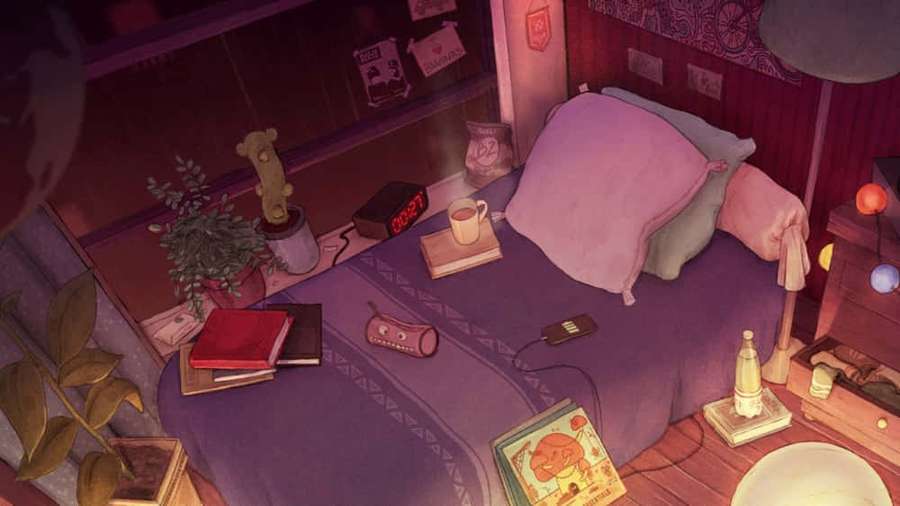 Cozy bedroom with purple bed, books, mug, and digital clock showing 03:27 at night. — Lo Fi Room Wallpaper