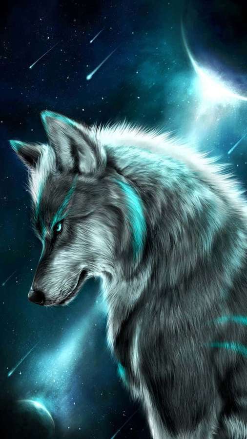 Um lobo com listras verde-azuladas brilhantes contra um fundo cósmico estrelado. — Lobo Papéis de Parede