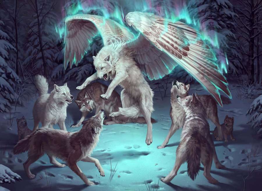 Lobo alado liderando alcateia em floresta nevada sob aurora mística — Lobo alado Papéis de Parede