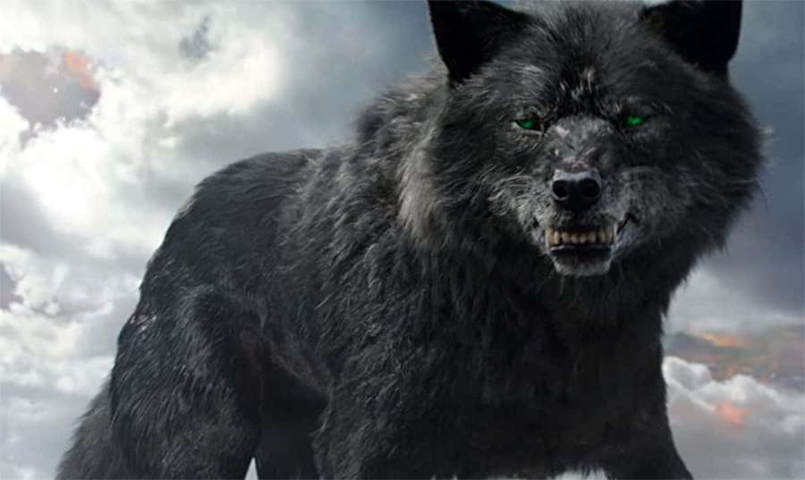 Un lobo negro con ojos verdes brillantes gruñe bajo un cielo tormentoso. — Lobo Mítico Fondos de pantalla