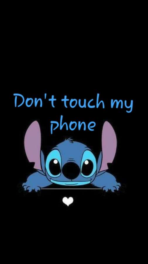 Blue alien Stitch peeking over phone with text 'Don't touch my phone' and a heart. — Lock Screen Stitch Wallpaper