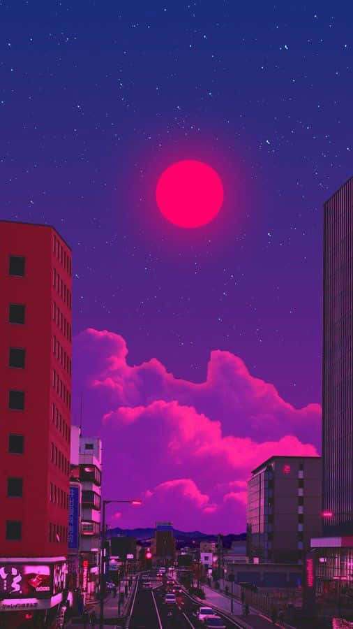 Futuristic city at night under a glowing pink moon and starry sky. — Lockscreen Wallpaper