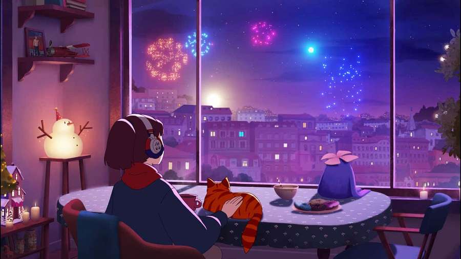 Person with cat watching city fireworks through window at night — Lofi Picture