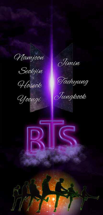 Logotipo de BTS con nombres de miembros y siluetas bailando bajo un cielo estrellado. — Logo de Bts Fondos de pantalla