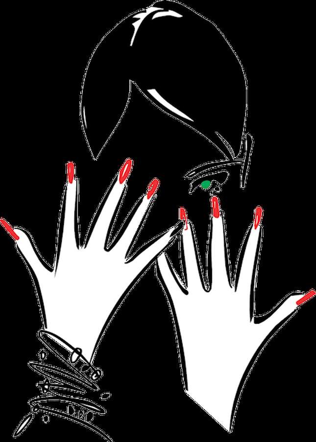 Mujer con cabello negro corto y un ojo verde cubriéndose la cara con manos de uñas rojas y una pulsera. — Logo Nail Fondos de pantalla
