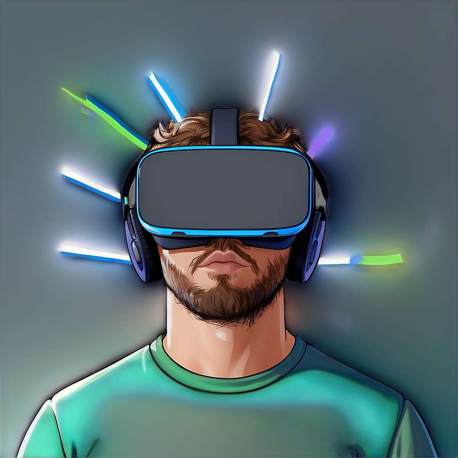 Man met baard die VR-headset draagt met neonlichtstralen die uit zijn hoofd barsten. — Logos Achtergronden