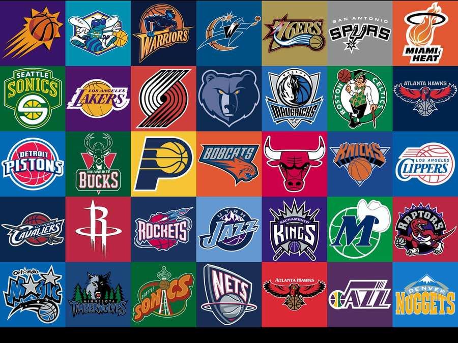 Coleção de logotipos de times da NBA dispostos em um padrão de grade colorido. — Logotipos da equipe da NBA Papéis de Parede