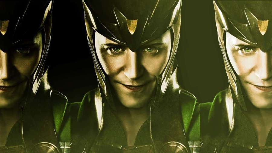 Loki in his helmet with a smug grin, mirrored three times. — Loki Background