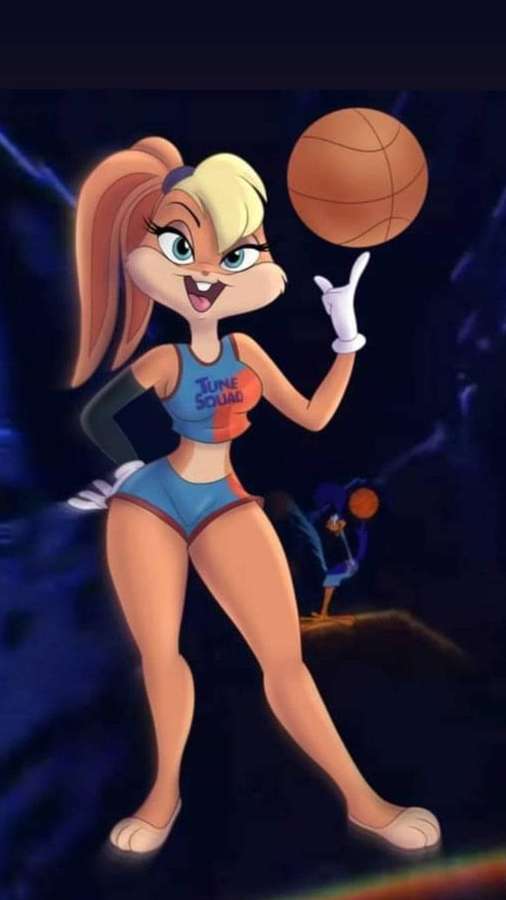 Animiertes Kaninchen in Tune Squad-Trikot balanciert Basketball auf dem Finger im Weltraum — Lola Bilder