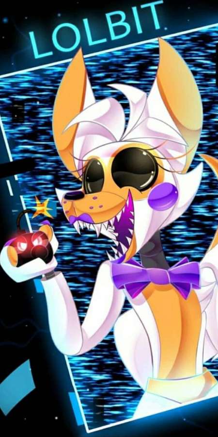 Anime-Fuchs mit Sonnenbrille, der eine Kirschbombe mit neonblauen Glitch-Effekten hält. — Lolbit Wallpaper