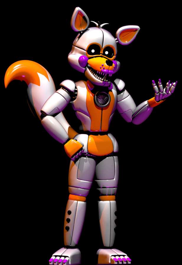 A robotic fox with sharp teeth and glowing eyes against a black background. — Lolbit Background