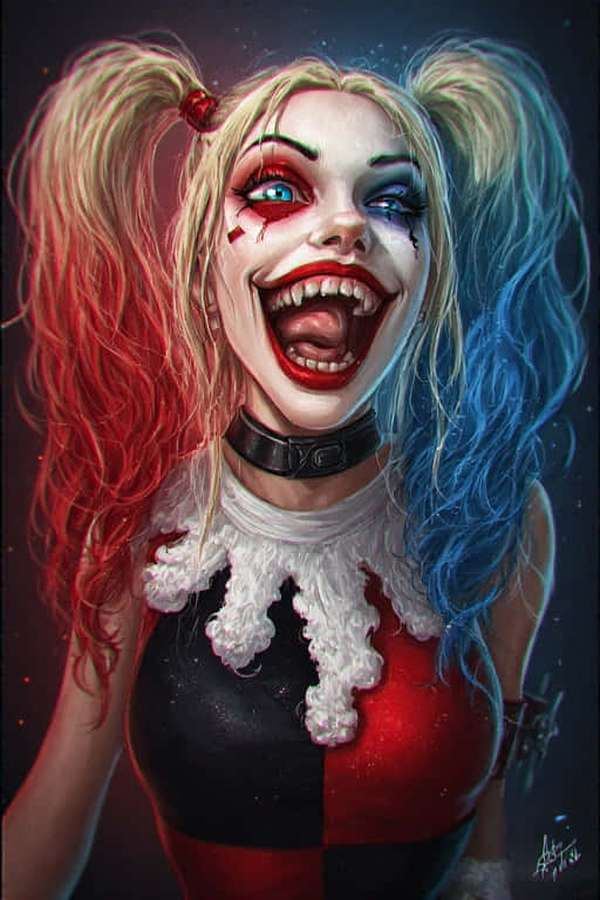 Harley Quinn with red and blue hair and a black and red outfit grins widely. — Lollipop Wallpaper