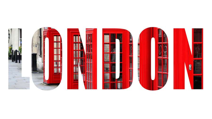 Red London phone booths spell out the word 'LONDON' with street views inside each letter. — London Background