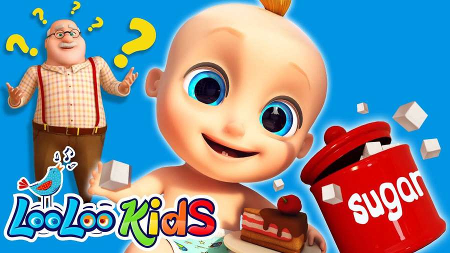 Cartoon baby holding cake near sugar jar with puzzled man and question marks. — Looloo Kids Wallpaper