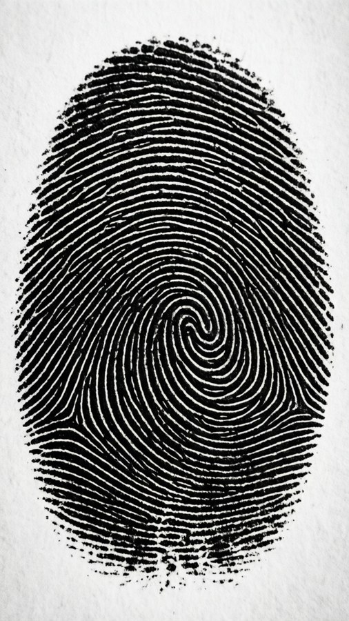 Close-up fingerprint with circular loop ridges in black and white. — Loop Picture