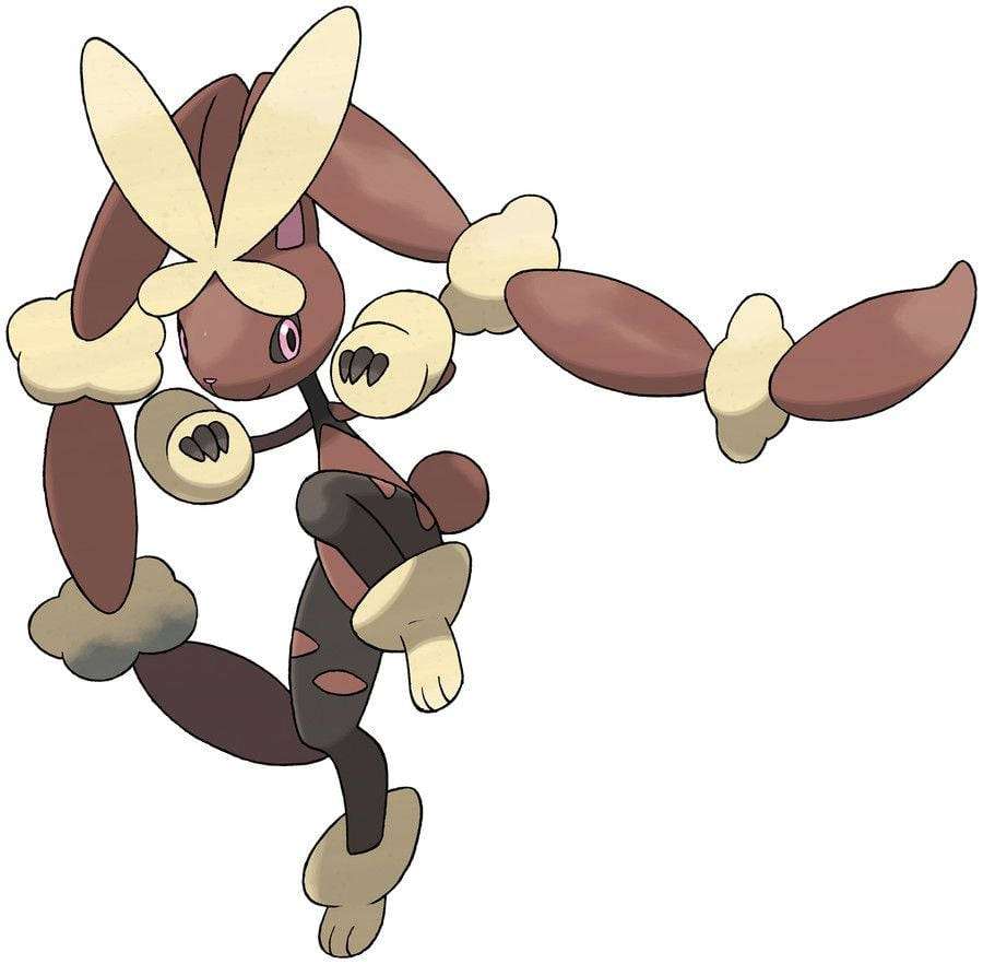 Anime rabbit Pokémon leaping with fluffy cream-colored paws and long brown limbs. — Lopunny Wallpaper