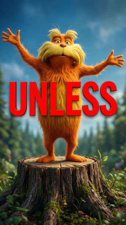 The Lorax rises from a stump with 'UNLESS' text, an environmental call. — Lorax Picture