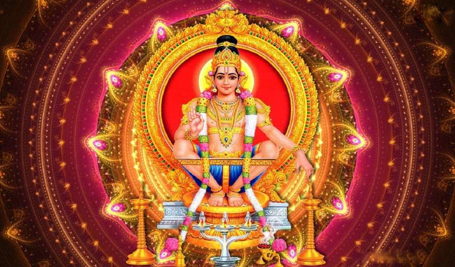 Golden deity seated on ornate throne in radiant mandala with magenta cosmic background — Lord Ayyappa Wallpaper
