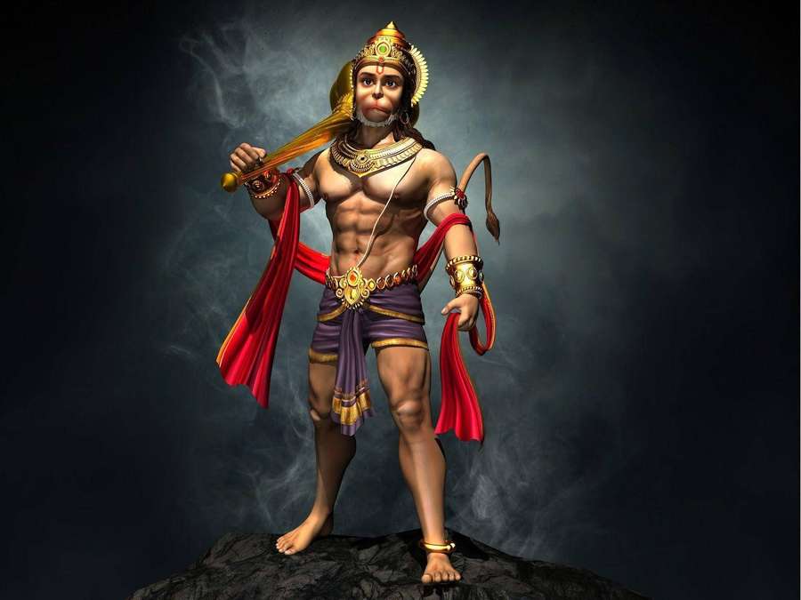 Monkey god in golden armor and red cape standing heroically on a dark rock. — Lord Hanuman 3d Wallpaper
