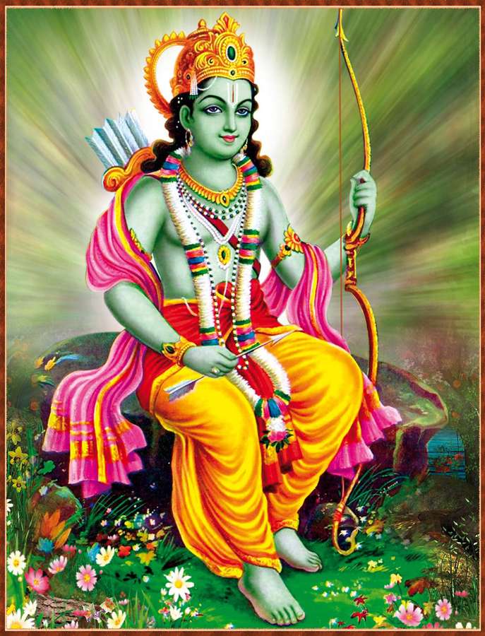 Grønn-hudet hinduistisk guddom med bue og gylden krone sittende blant fargerike blomster. — Lord Krishna 3d Bakgrunner