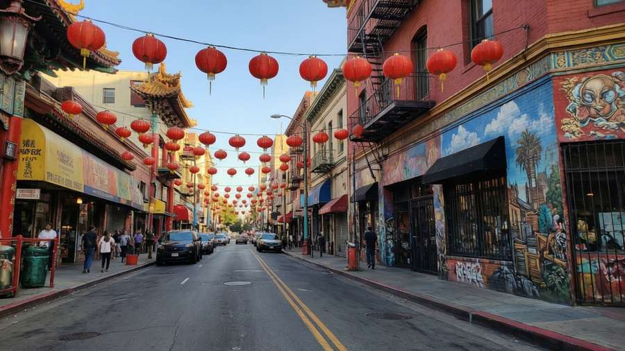 Vibrant Chinatown with red lanterns and street art. — Los Angeles Desktop Wallpaper