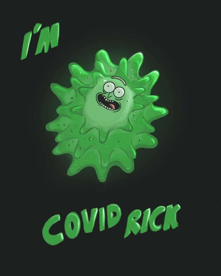 Virus verde de dibujos animados con cara de Rick Sanchez y texto 'I'M COVID RICK' sobre fondo oscuro. — Los Cromulones Fondos de pantalla