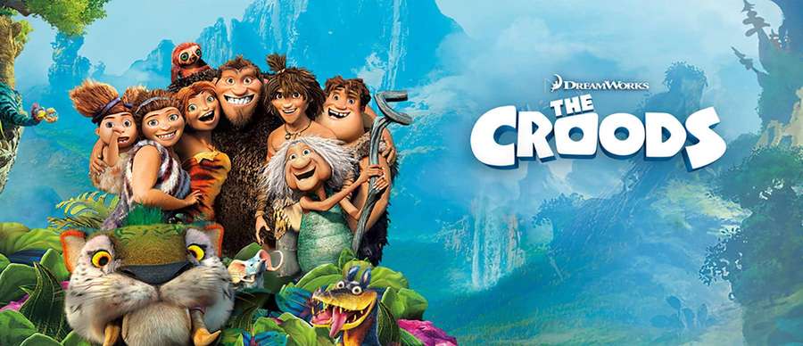 Familia prehistórica animada en una jungla colorida con animales amigables. — Los Croods Fondos de pantalla