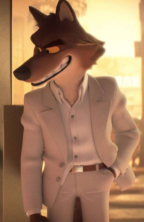 Lobo animado con traje blanco sonriendo con las manos en los bolsillos cerca de ventana dorada. — Los Malos Fondos de pantalla