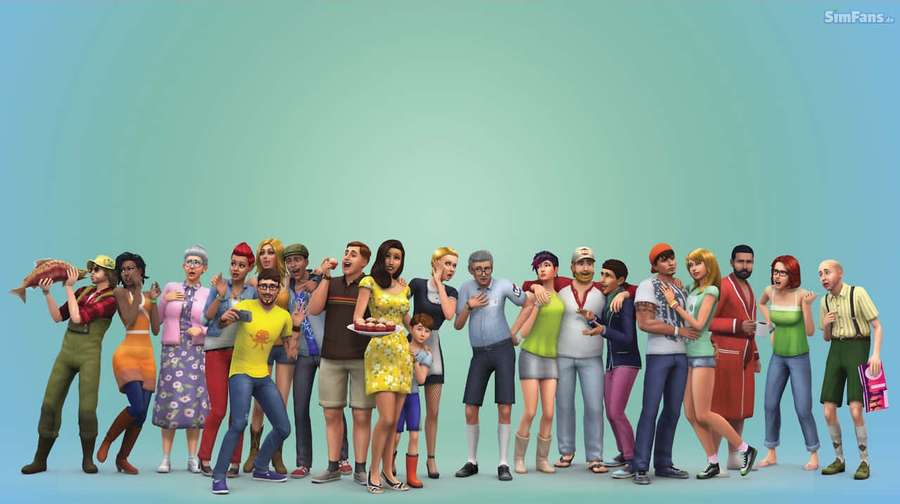 Un grupo colorido de personajes animados de Sims posando para una foto. — Los Sims 4 Fondos de pantalla