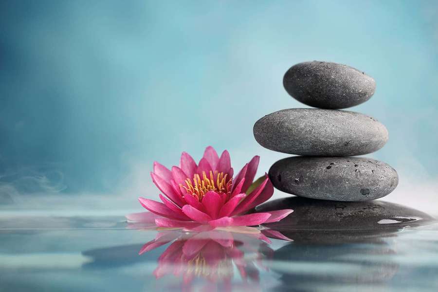 Pink lotus flower and stacked stones in tranquil water with misty blue background. — Lotus Background