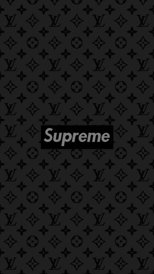 Schwarzer Hintergrund mit sich wiederholendem Louis Vuitton Monogramm und zentralem Supreme-Logo. — Louis Vuitton Bilder