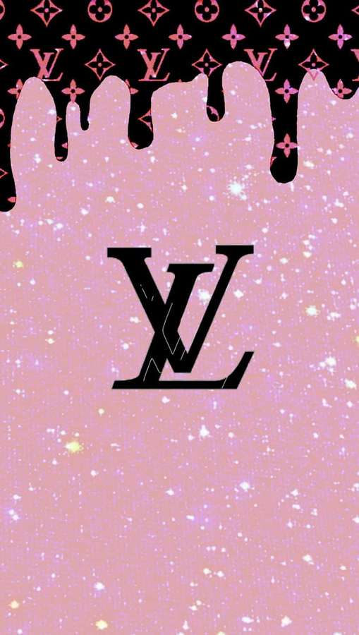 Pink glitter background with dripping black LV monogram pattern and central logo. — Louis Vuitton Pink Wallpaper