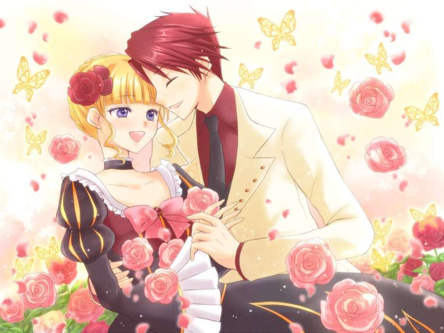 Anime couple embracing in a field of pink roses and golden butterflies. — Love Anime Background
