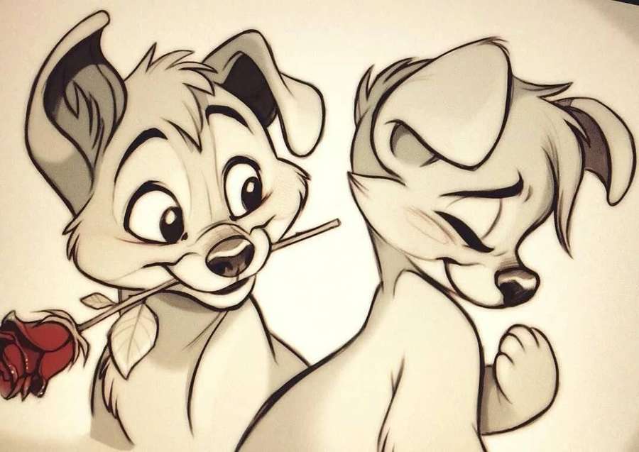 Two cartoon puppies one offering a rose the other blushing shyly. — Love Drawings Background