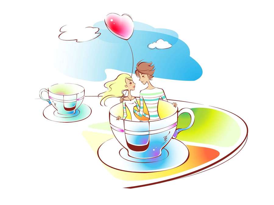 A cartoon couple in a giant teacup with a heart balloon floating in the sky. — Love Drawings Wallpaper