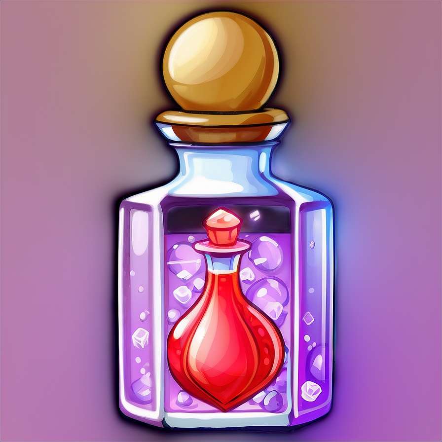 A glowing purple bottle with a golden cap holds a red potion bottle and floating crystals. — Love Frames PNG
