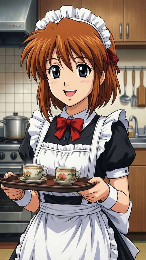 Anime maid in kitchen holding tray with two floral teacups — Love hina Background