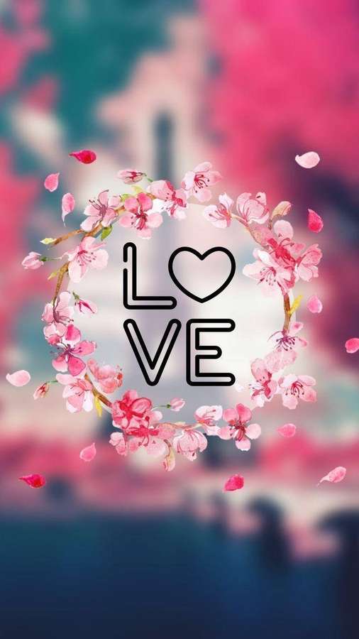 Pink cherry blossom wreath with the word LOVE in black outline. — Love iPhone Background