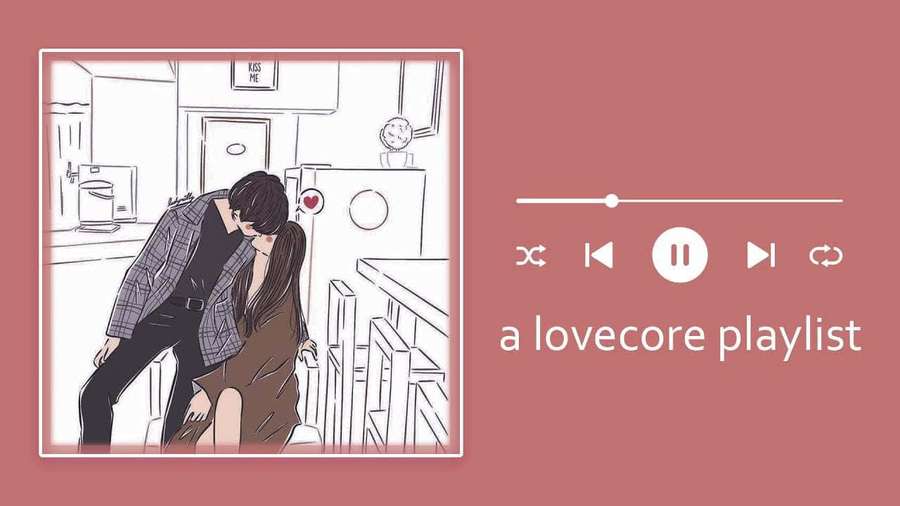 Ein Paar küsst sich in einer Küche mit einer Musikplaylist-Überlagerung. — Lovecore Wallpaper