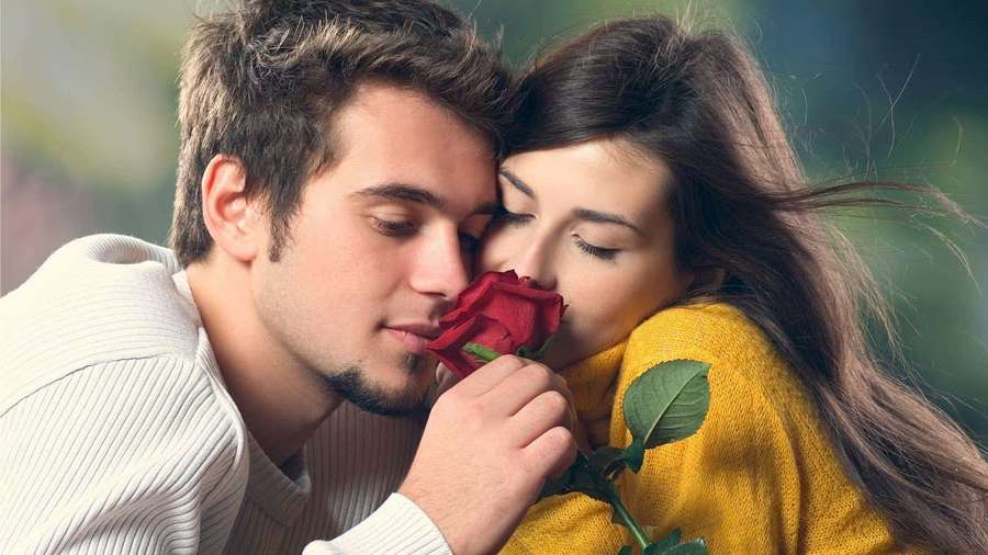 A couple sharing a red rose in a tender outdoor moment. — Lovers Background