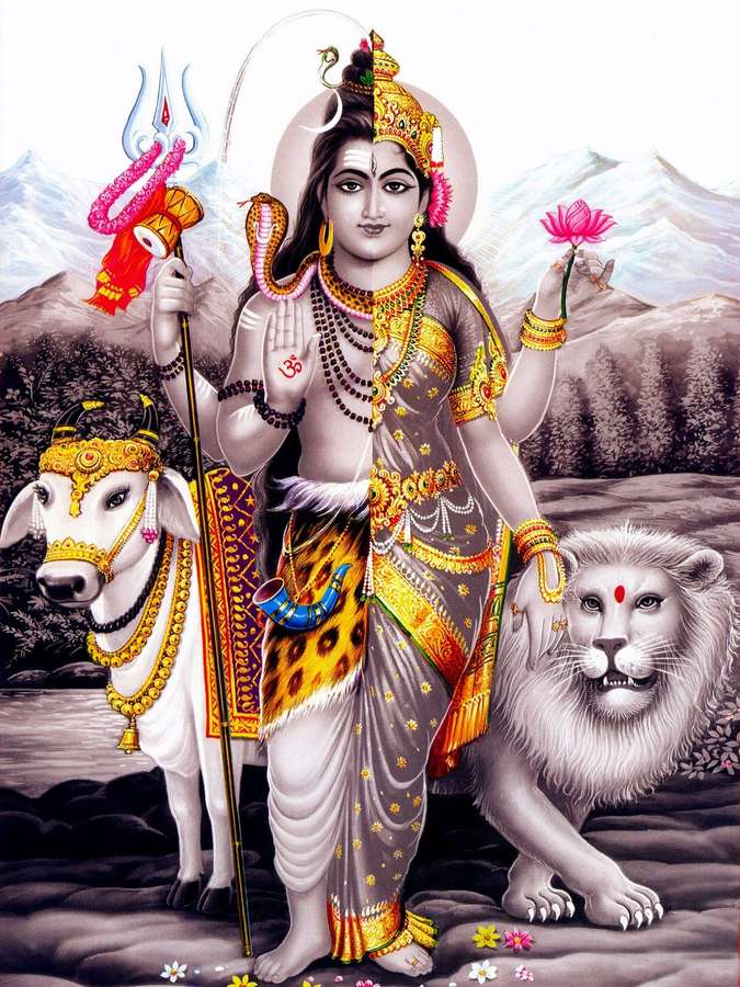 Hinduistische Göttin flankiert von Löwe und Stier, hält Dreizack und Lotus — Löwe Bilder Wallpaper