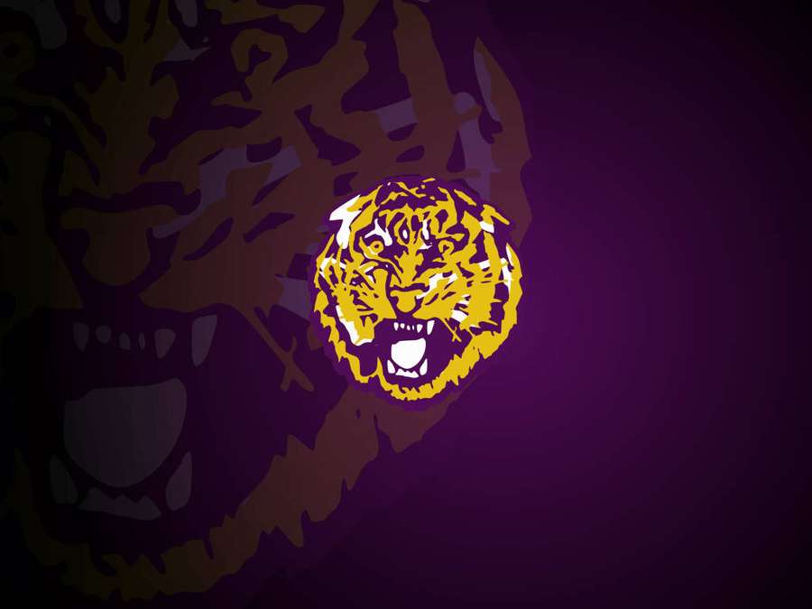 Ein stilisierter gelber Tigerkopf, der brüllt, mit einem violetten Hintergrund und verblasster Tigersilhouette dahinter. — Lsu Bilder