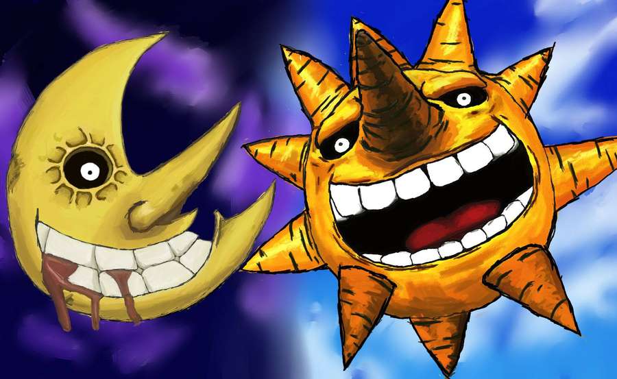 Sol e lua de desenho animado com dentes afiados sorriem ameaçadoramente contra céu crepuscular. — Lua Devoradora de Almas Papéis de Parede