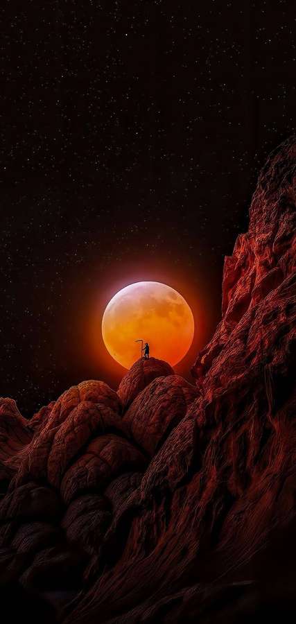 Silhueta de uma pessoa em um penhasco rochoso sob uma lua laranja brilhante em um céu estrelado. — Luar Papéis de Parede