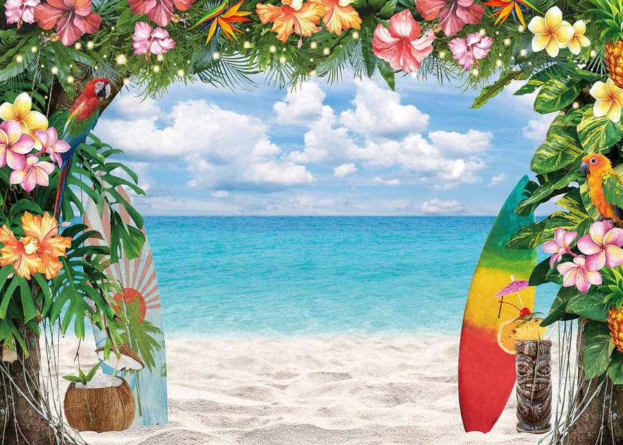 Tropical beach framed by flowers parrots and surfboards with tiki drinks. — Luau Background