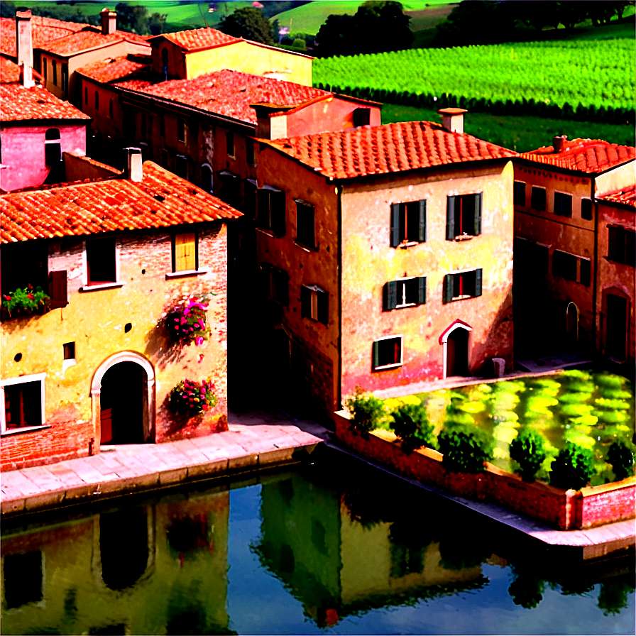 Colorful Italian village houses along a canal with vineyard reflection — Luca PNG