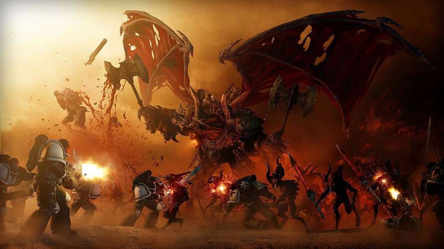 Guerreros blindados luchan contra un dragón demoníaco gigante en un campo de batalla en llamas. — Lucha contra demonios Fondos de pantalla