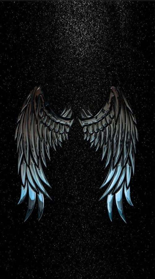Black angel wings with blue tips against a starry night sky. — Lucifer Wings Wallpaper
